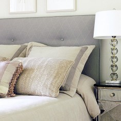 Headboard upholstered and custom pillows